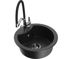 Granitinė virtuvinė plautuvė Mexen Diego su maišytuvu ir sifonu, Metallic juodas/sidabrinis+Juodas/Chrome