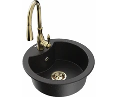 Granitinė virtuvinė plautuvė Mexen Diego su maišytuvu ir sifonu, Metallic juodas/sidabrinis+Gold