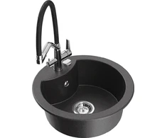 Granitinė virtuvinė plautuvė Mexen Diego su maišytuvu ir sifonu, Juodas granite+Juodas/Chrome