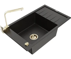 Granitinė virtuvinė plautuvė Mexen Elias su maišytuvu ir sifonu, Metallic juodas/auksinis+Gold