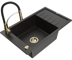 Granitinė virtuvinė plautuvė Mexen Elias su maišytuvu ir sifonu, Metallic juodas/auksinis+Juodas/Gold