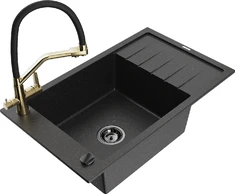 Granitinė virtuvinė plautuvė Mexen Elias su maišytuvu ir sifonu, Metallic juodas/sidabrinis+Juodas/Gold