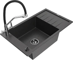 Granitinė virtuvinė plautuvė Mexen Elias su maišytuvu ir sifonu, Juodas granite+Juodas/Chrome