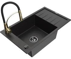 Granitinė virtuvinė plautuvė Mexen Elias su maišytuvu ir sifonu, Metallic juodas/sidabrinis+Juodas/Gold