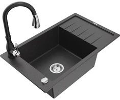 Granitinė virtuvinė plautuvė Mexen Elias su maišytuvu ir sifonu, Juodas granite+Juodas