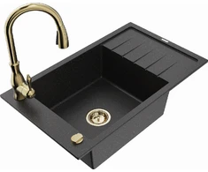 Granitinė virtuvinė plautuvė Mexen Elias su maišytuvu ir sifonu, Metallic juodas/sidabrinis+Gold