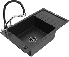 Granitinė virtuvinė plautuvė Mexen Elias su maišytuvu ir sifonu, Metallic juodas/sidabrinis+Juodas/Chrome