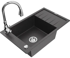 Granitinė virtuvinė plautuvė Mexen Elias su maišytuvu ir sifonu, Juodas granite+Chrome