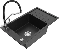 Granitinė virtuvinė plautuvė Mexen Elias su maišytuvu ir sifonu, Metallic juodas/sidabrinis+Juodas/Chrome