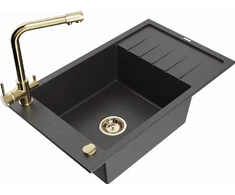 Granitinė virtuvinė plautuvė Mexen Elias su maišytuvu ir sifonu, Juodas granite+Gold
