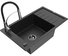 Granitinė virtuvinė plautuvė Mexen Elias su maišytuvu ir sifonu, Metallic juodas/sidabrinis+Juodas/Chrome