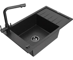 Granitinė virtuvinė plautuvė Mexen Elias su maišytuvu ir sifonu, Metallic juodas/sidabrinis+Juodas