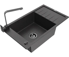 Granitinė virtuvinė plautuvė Mexen Elias su maišytuvu ir sifonu, Juodas granite+Juodas