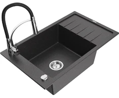 Granitinė virtuvinė plautuvė Mexen Elias su maišytuvu ir sifonu, Juodas granite+Juodas/Chrome