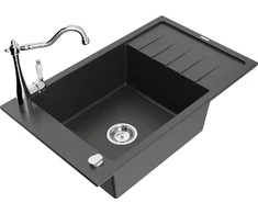 Granitinė virtuvinė plautuvė Mexen Elias su maišytuvu ir sifonu, Juodas granite+Chrome