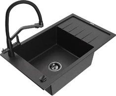 Granitinė virtuvinė plautuvė Mexen Elias su maišytuvu ir sifonu, Metallic juodas/sidabrinis+Juodas