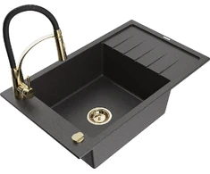 Granitinė virtuvinė plautuvė Mexen Elias su maišytuvu ir sifonu, Juodas granite+Juodas/Gold