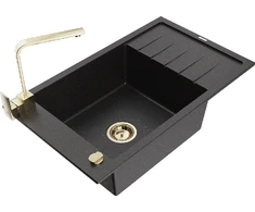Granitinė virtuvinė plautuvė Mexen Elias su maišytuvu ir sifonu, Metallic juodas/sidabrinis+Gold