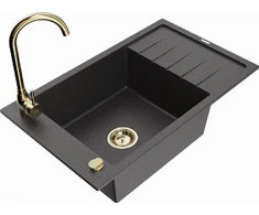 Granitinė virtuvinė plautuvė Mexen Elias su maišytuvu ir sifonu, Juodas granite+Gold