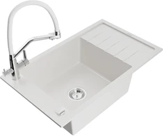 Granitinė virtuvinė plautuvė Mexen Elias su maišytuvu ir sifonu, Baltas+Baltas/Chrome