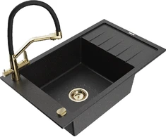 Granitinė virtuvinė plautuvė Mexen Elias su maišytuvu ir sifonu, Metallic juodas/sidabrinis+Juodas/Gold