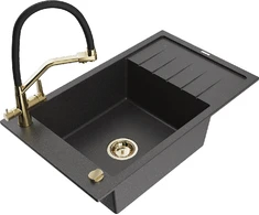 Granitinė virtuvinė plautuvė Mexen Elias su maišytuvu ir sifonu, Juodas granite+Juodas/Gold