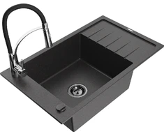 Granitinė virtuvinė plautuvė Mexen Elias su maišytuvu ir sifonu, Juodas granite+Juodas/Chrome