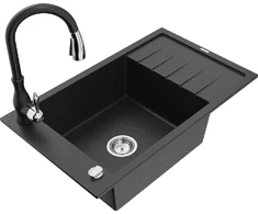 Granitinė virtuvinė plautuvė Mexen Elias su maišytuvu ir sifonu, Metallic juodas/sidabrinis+Juodas