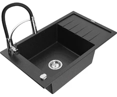 Granitinė virtuvinė plautuvė Mexen Elias su maišytuvu ir sifonu, Metallic juodas/sidabrinis+Juodas/Chrome