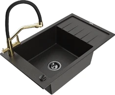 Granitinė virtuvinė plautuvė Mexen Elias su maišytuvu ir sifonu, Metallic juodas/auksinis+Juodas/Gold