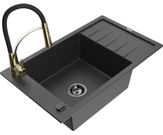 Granitinė virtuvinė plautuvė Mexen Elias su maišytuvu ir sifonu, Juodas granite+Juodas/Gold