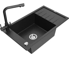 Granitinė virtuvinė plautuvė Mexen Elias su maišytuvu ir sifonu, Metallic juodas/sidabrinis+Juodas