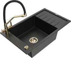 Granitinė virtuvinė plautuvė Mexen Elias su maišytuvu ir sifonu, Metallic juodas/auksinis+Juodas/Gold
