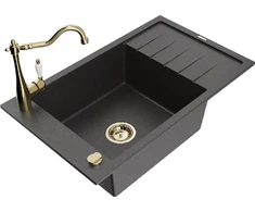 Granitinė virtuvinė plautuvė Mexen Elias su maišytuvu ir sifonu, Juodas granite+Gold