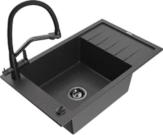 Granitinė virtuvinė plautuvė Mexen Elias su maišytuvu ir sifonu, Juodas granite+Juodas