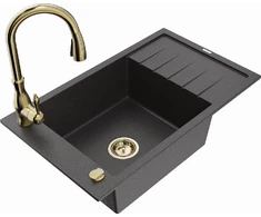 Granitinė virtuvinė plautuvė Mexen Elias su maišytuvu ir sifonu, Juodas granite+Gold
