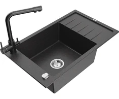 Granitinė virtuvinė plautuvė Mexen Elias su maišytuvu ir sifonu, Juodas granite+Juodas