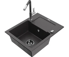 Granitinė virtuvinė plautuvė Mexen Enzo su maišytuvu ir sifonu, Juodas granite+Juodas granite/Chrome