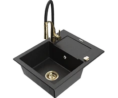 Granitinė virtuvinė plautuvė Mexen Enzo su maišytuvu ir sifonu, Metallic juodas/sidabrinis+Juodas/Gold