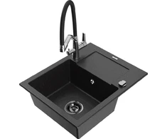 Granitinė virtuvinė plautuvė Mexen Enzo su maišytuvu ir sifonu, Metallic juodas/sidabrinis+Juodas/Chrome