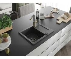 Granitinė virtuvinė plautuvė Mexen Enzo su maišytuvu ir sifonu, Juodas granite+Juodas/Gold
