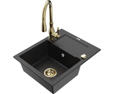 Granitinė virtuvinė plautuvė Mexen Enzo su maišytuvu ir sifonu, Metallic juodas/sidabrinis+Gold