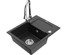 Granitinė virtuvinė plautuvė Mexen Enzo su maišytuvu ir sifonu, Metallic juodas/sidabrinis+Chrome