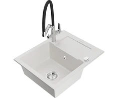 Granitinė virtuvinė plautuvė Mexen Enzo su maišytuvu ir sifonu, Baltas+Juodas/Chrome