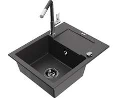 Granitinė virtuvinė plautuvė Mexen Enzo su maišytuvu ir sifonu, Juodas granite+Juodas/Chrome