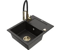 Granitinė virtuvinė plautuvė Mexen Enzo su maišytuvu ir sifonu, Metallic juodas/auksinis+Juodas/Gold