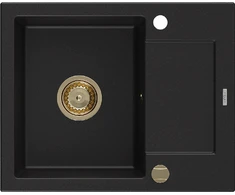 Granitinė virtuvinė plautuvė Mexen Enzo su sifonu, Juodas+Gold, 576 x 465 mm