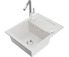 Granitinė virtuvinė plautuvė Mexen Enzo su maišytuvu ir sifonu, Baltas+Pilkas/Chrome
