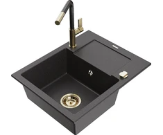 Granitinė virtuvinė plautuvė Mexen Enzo su maišytuvu ir sifonu, Juodas granite+Juodas granite/Gold