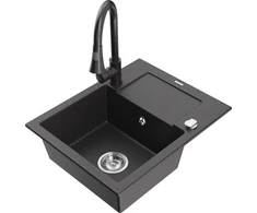 Granitinė virtuvinė plautuvė Mexen Enzo su maišytuvu ir sifonu, Juodas granite